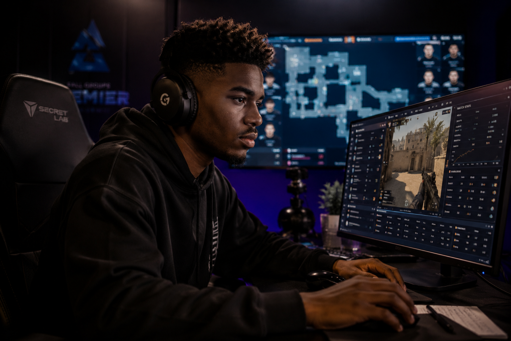 Analyste esport suivant un match de CS2 sur plusieurs écrans