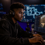 Analyste esport suivant un match de CS2 sur plusieurs écrans