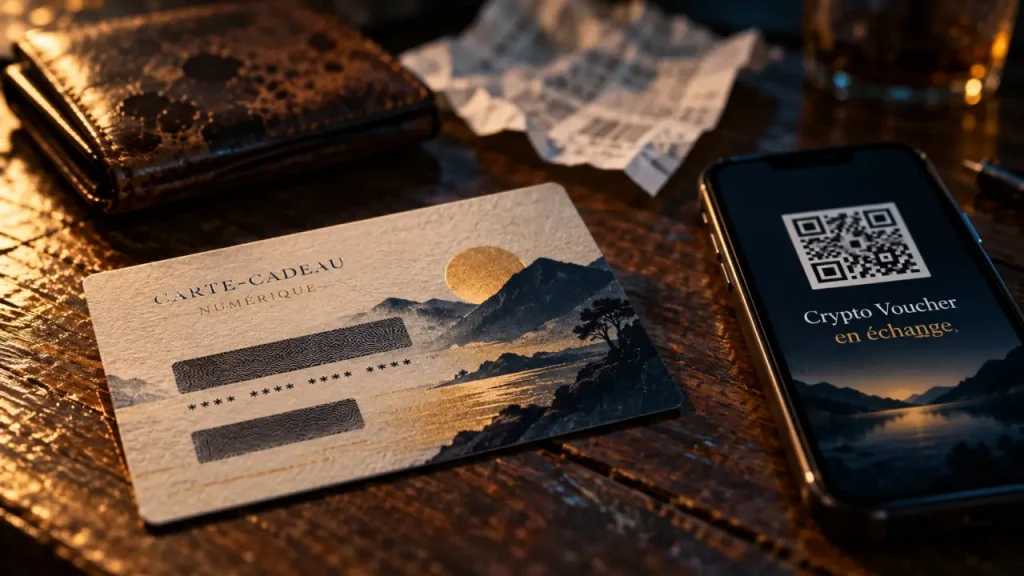 Carte cadeau crypto avec QR code et voucher numérique
