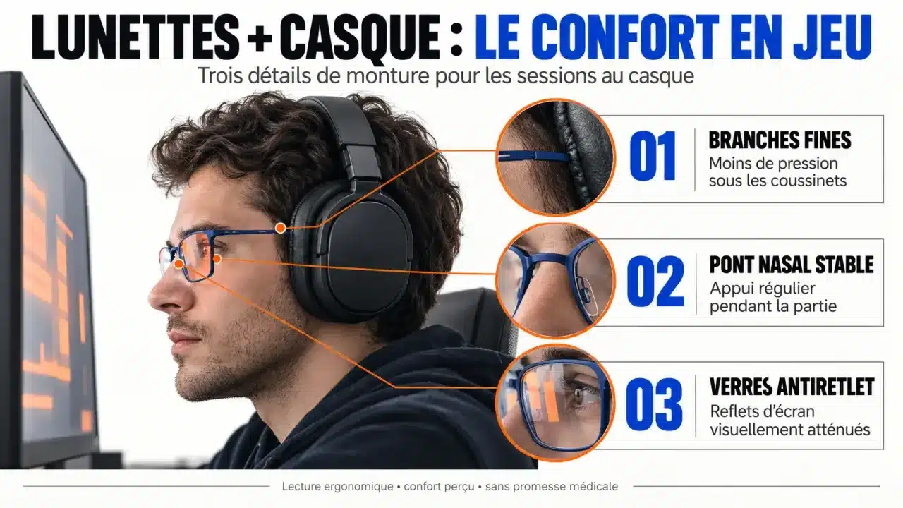 Infographie sur les critères de confort d’une lunette gamer sous un casque
