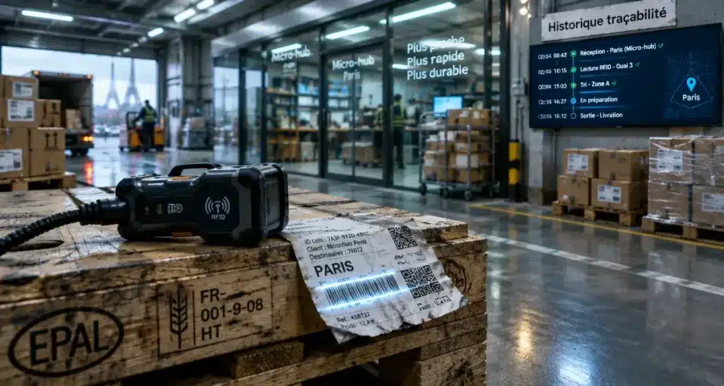 Entreprise de traçabilité logistique par blockchain ou rfid paris : lecteur RFID et historique de traçabilité sur quai logistique