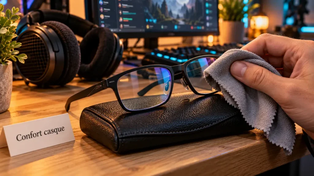 Lunette gamer pour confort sous casque et look premium, nettoyage microfibre